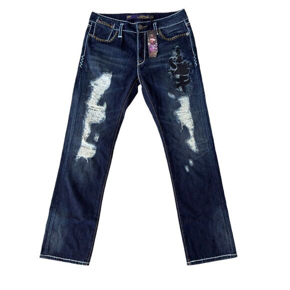 Ed Hardy Denim - Ed Hardy Boyfriend Y2K Distressed Dagger Jeans Dark Wash Women's 29